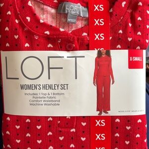 🤍LOFT Women’s Knit Henley Pajama Set Red with White Hearts, Elastic Waist